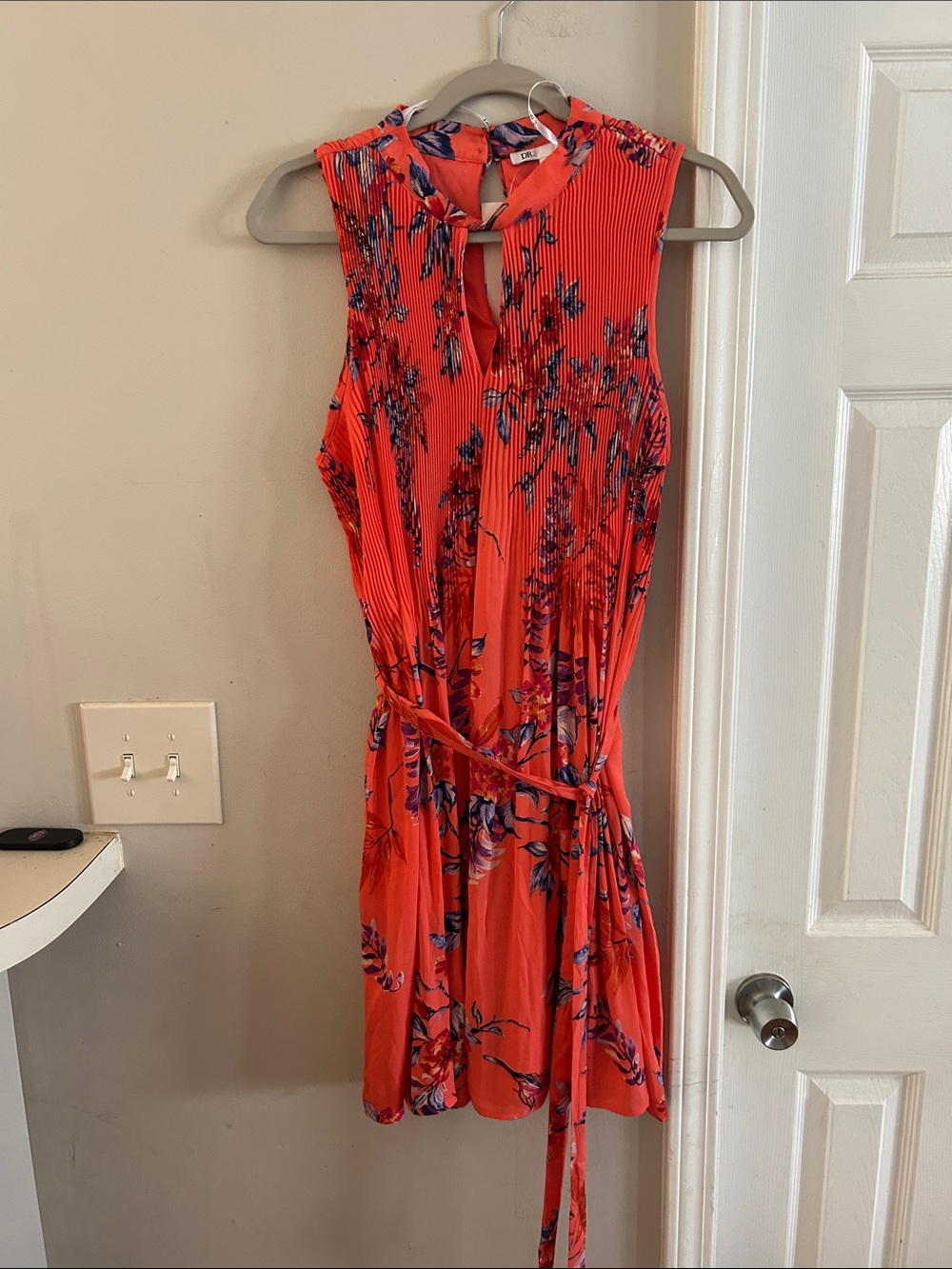 DR2 Coral Floral Pleated Tie-Waist Mini Dress